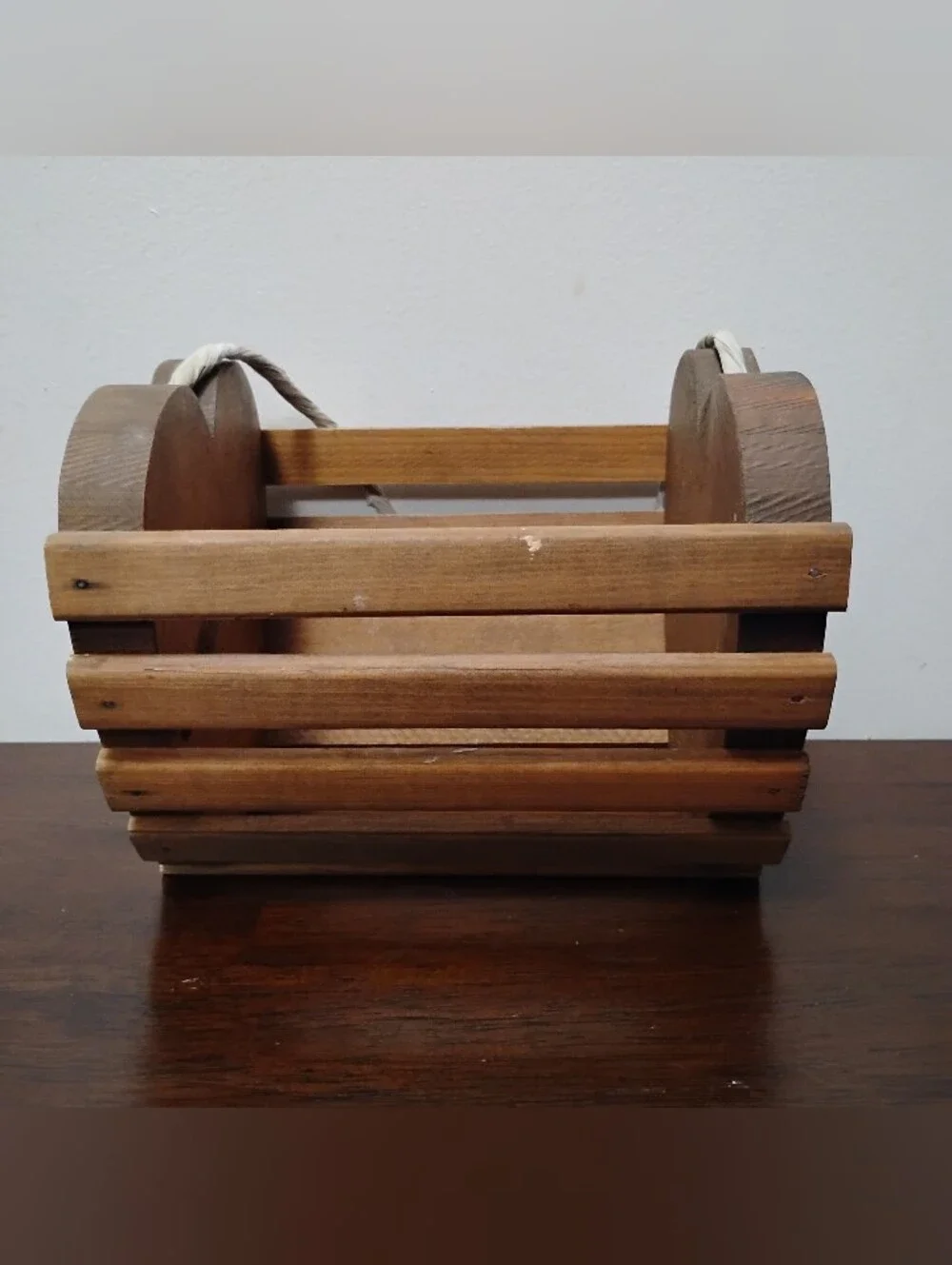 Primitive Wood Slatted Basket with Rope Handle 